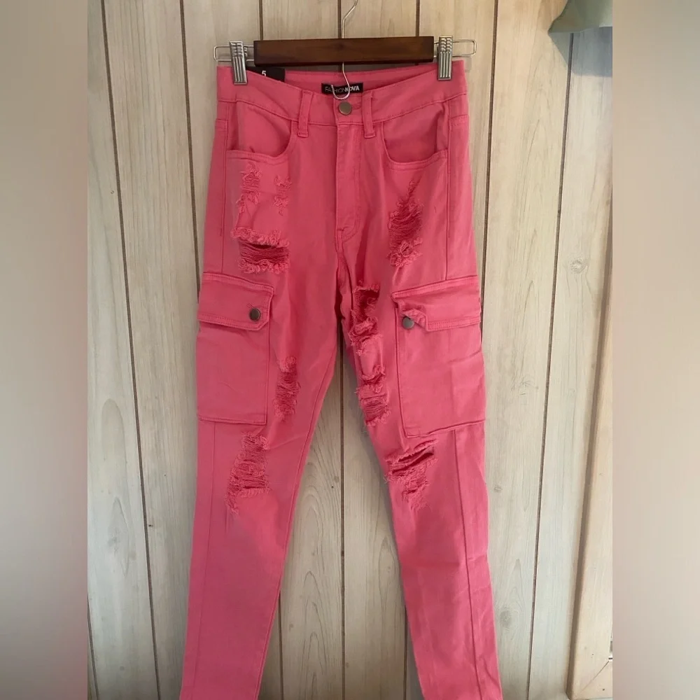 fashion nova money honey 5 distressed pink coral jeans skinny cargo pocket rip - Picture 2 of 7